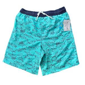 Tommy Bahama Boys XL Size 14 Swim Trunks Teal Blue Shark Print Shorts Lined